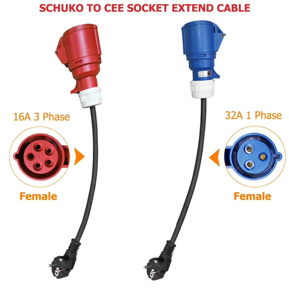 

EV Charger Schuko Plug to CEE Socket Extend Cable Female Plug 3 Pins Socket Adapter Connect with 32A 1Phase 7KW Portable Charger