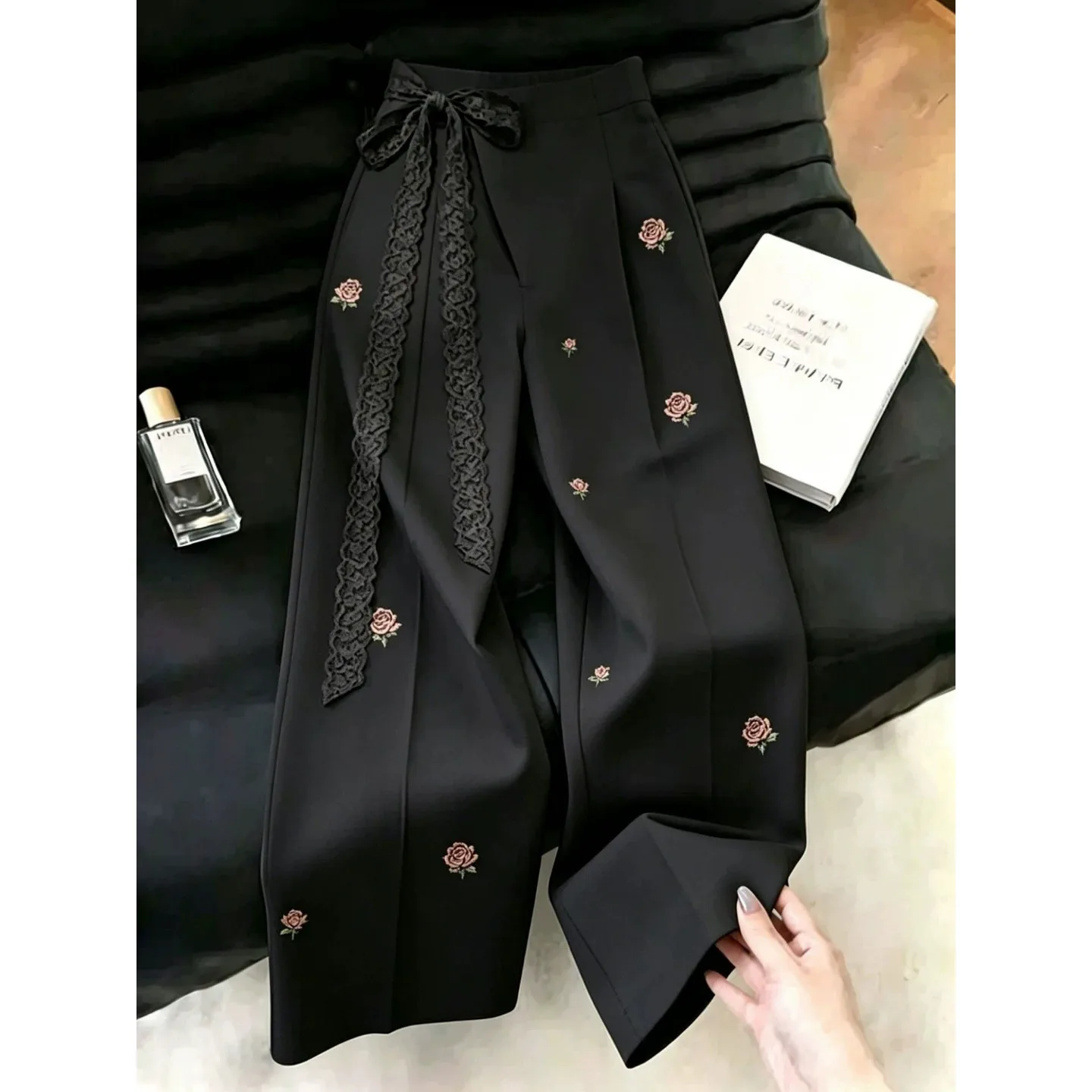 High Waist Straight Leg Pants Women's Black Heavy Embroidery Lace Belted Wide Leg Casual Trousers Korean Style Slimming