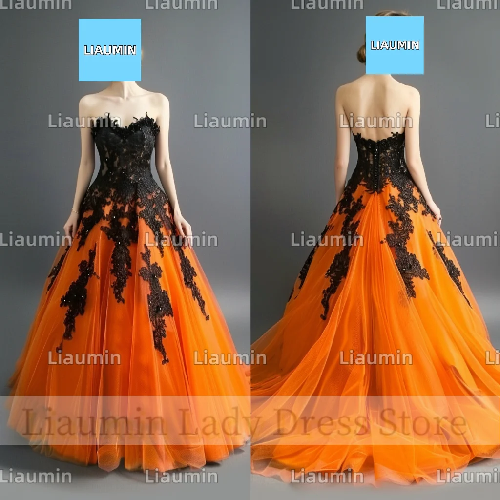 Classic Orange Tulle Black Lace Applique Strapless Prom Formal Dresses With Train Evening Clothing Lace Up Back Custom A4-11.6