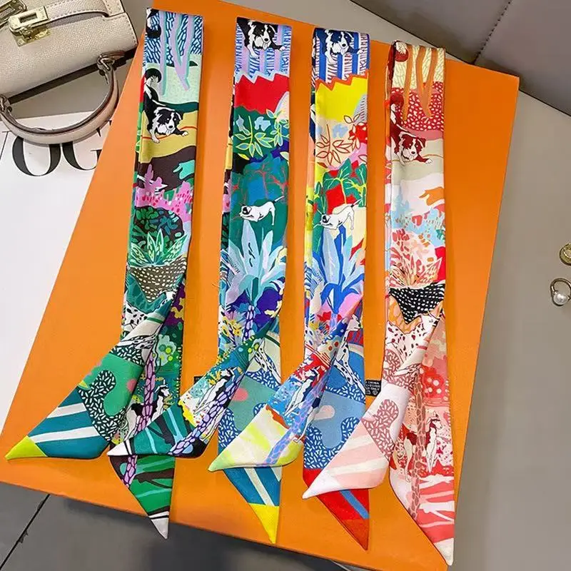 90*5cm European and American French Versatile Plants Jungle Puppy Women Wrap Bags Ribbon Headband Ribbon Small Scarf Wholesale