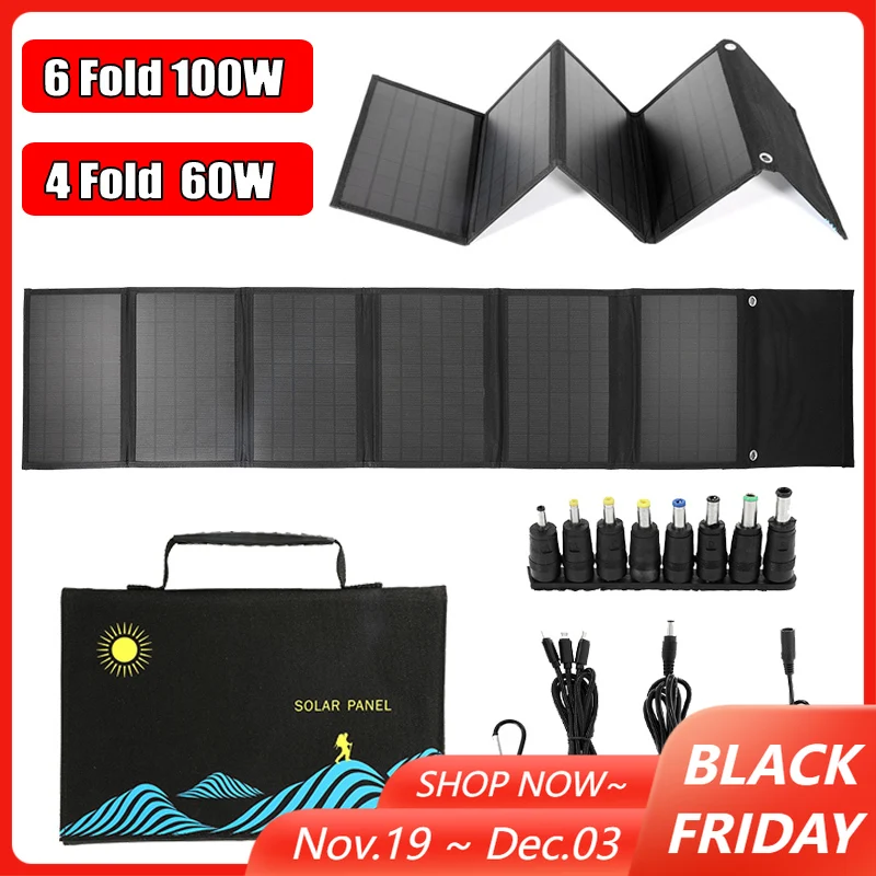 

60W/100W Portable Folding Solar Panel Dual USB+DC Output Solar Charger Outdoor Camping Emergency Power Supply for Phone