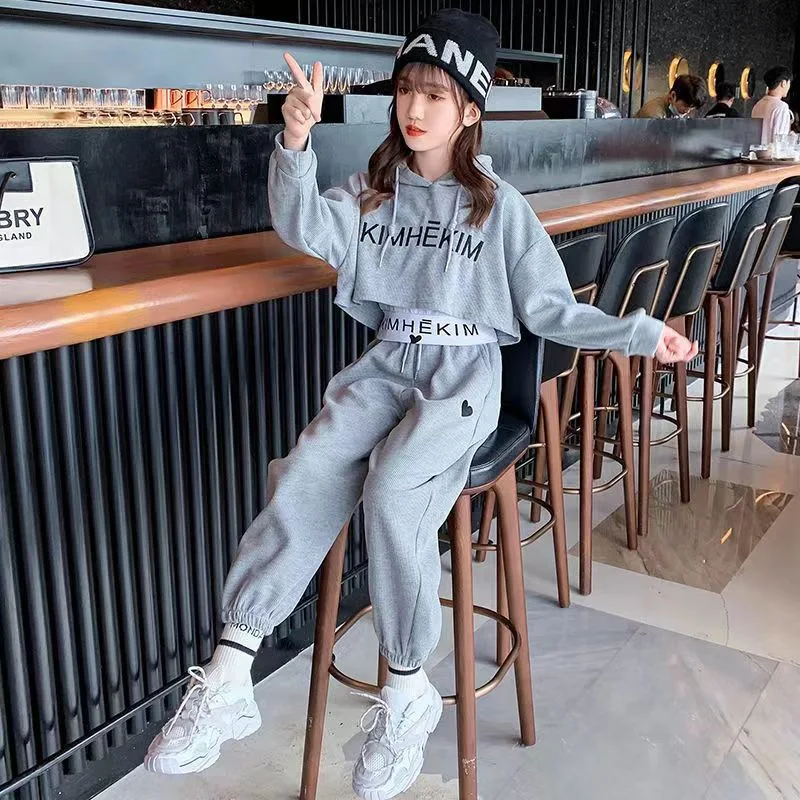 

2023 teenager Gray girls Sport Suit Teenager autumn Clothes Long Sleeve Top hoodied & Pants Casual tracksuit 12 Years Child set