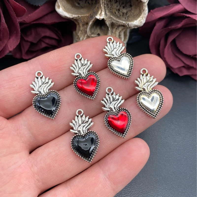 8pcs 25*13mm Flaming Sacred Heart Charms Enamel Sacred Heart Pendant Designer Charms Fit Jewelry Making DIY Jewelry Findings