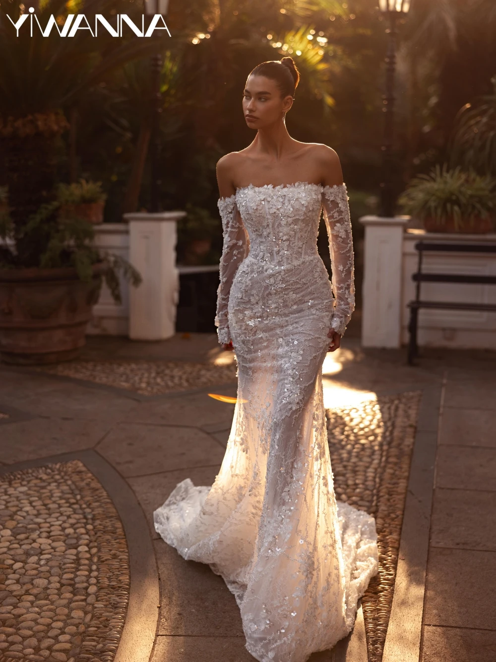 Vestido de novia largo de sirena con cuentas de lujo, vestido de novia con Apliques de encaje sin tirantes, vestidos de tren desmontables personalizados para novia 2025