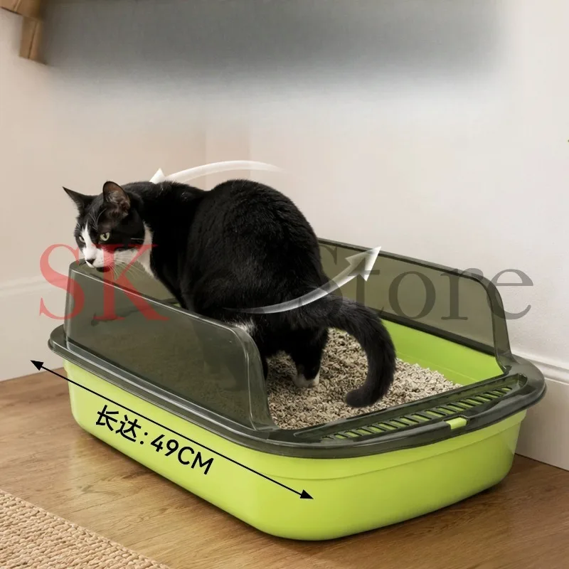 The semienclosed cat litter box is made of plastic and features a splash-proof design It is a large cat tray with a water basin