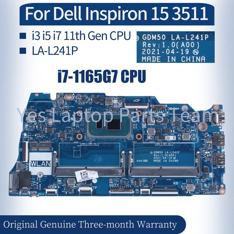 For Dell Inspiron 15 3511 Laptop Mainboard LA-L241P 05PD08 08H85W 06F315 0818KM 0042CN I3 I5 I7-11th Gen Notebook Motherboard