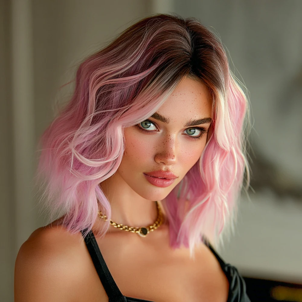 NAMM New Fashion Long Wavy Peach Pink Wigs Dark Roots Natural Looking High Quality Fiber Synthetic Fluffy Curly Wigs