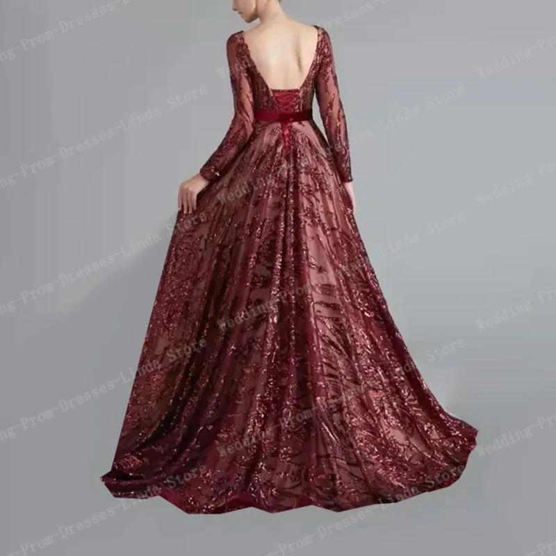 Burgundy Sequins Sparkle A-Line Floor-Length Long Woman Evening Dresses Party Prom Gowns/Bridal Engagement Gowns Lace-Up Custom