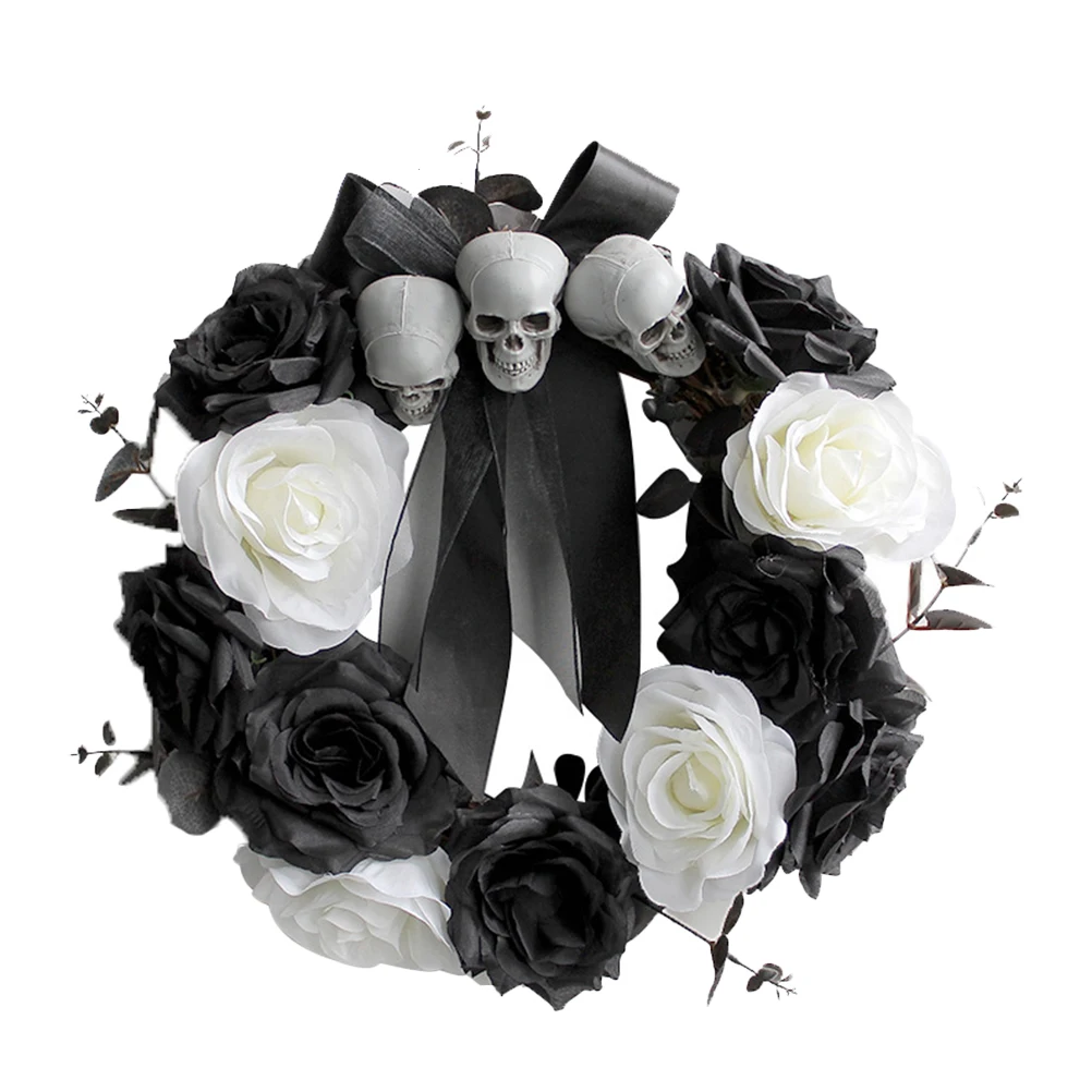

Skull Rose Wreath Plastic Spooky Decorations for Door Hanging Halloween Home Wall Decoration Black Wreath Props
