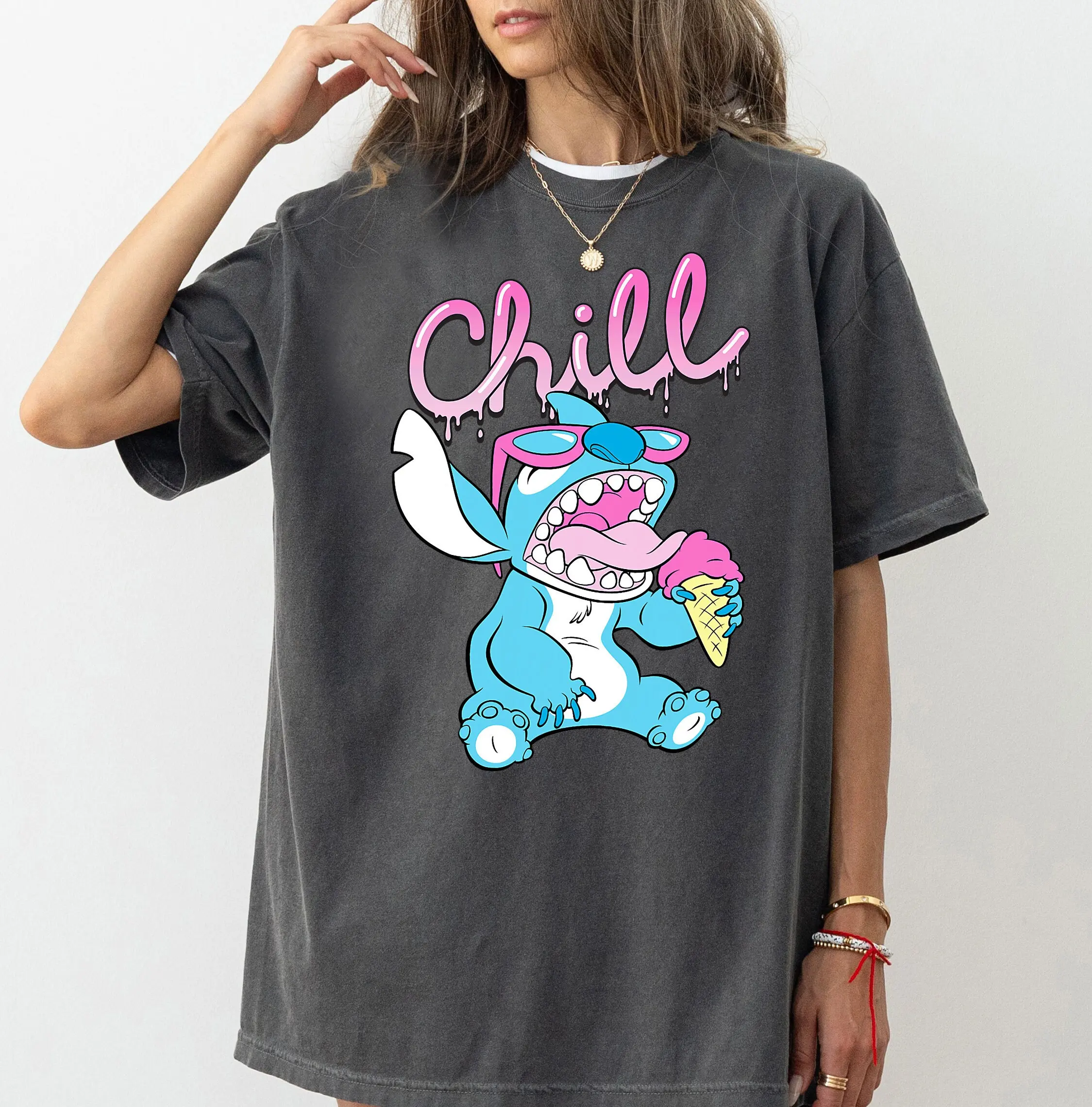 

Women‘s Disney Lilo and Stitch Neon Ice Cream Chill DripT-Shirt Cotton Short Sleeve Unisex Oversized Loose Casual Stylish