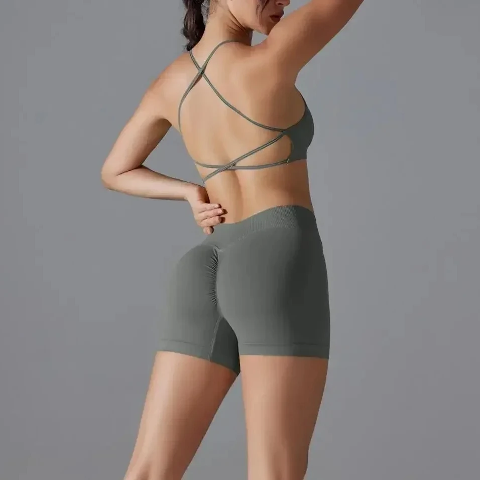 Damen-Set, nahtlos, einfarbig, überkreuzter Rücken, hohe Elastizität, eng und sexy Sport-BH, Yoga-Anzug-Set, Laufen und Fitness, zweiteilig