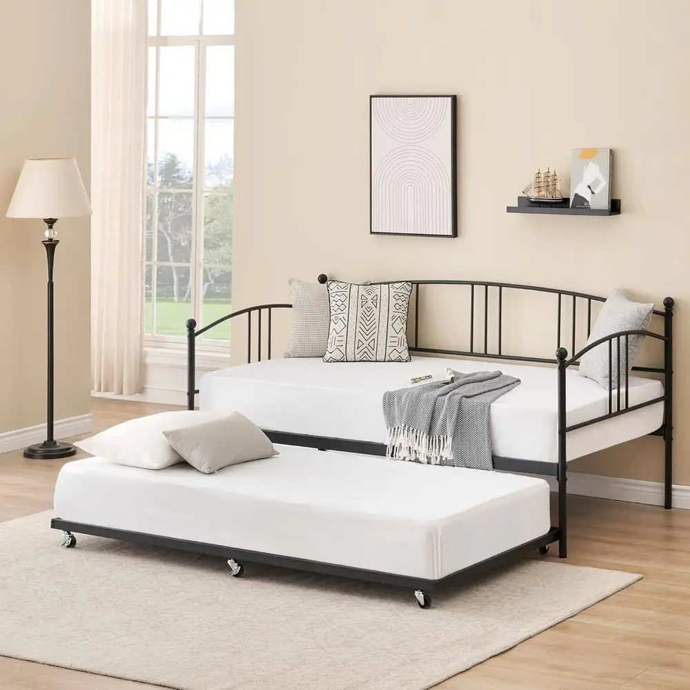 IDEALHOUSE Twin Daybed with Trundle, Metal Twin Size Daybed with Pullout Trundle 6 Casters, Steel Slat Support Soa Bed or Living