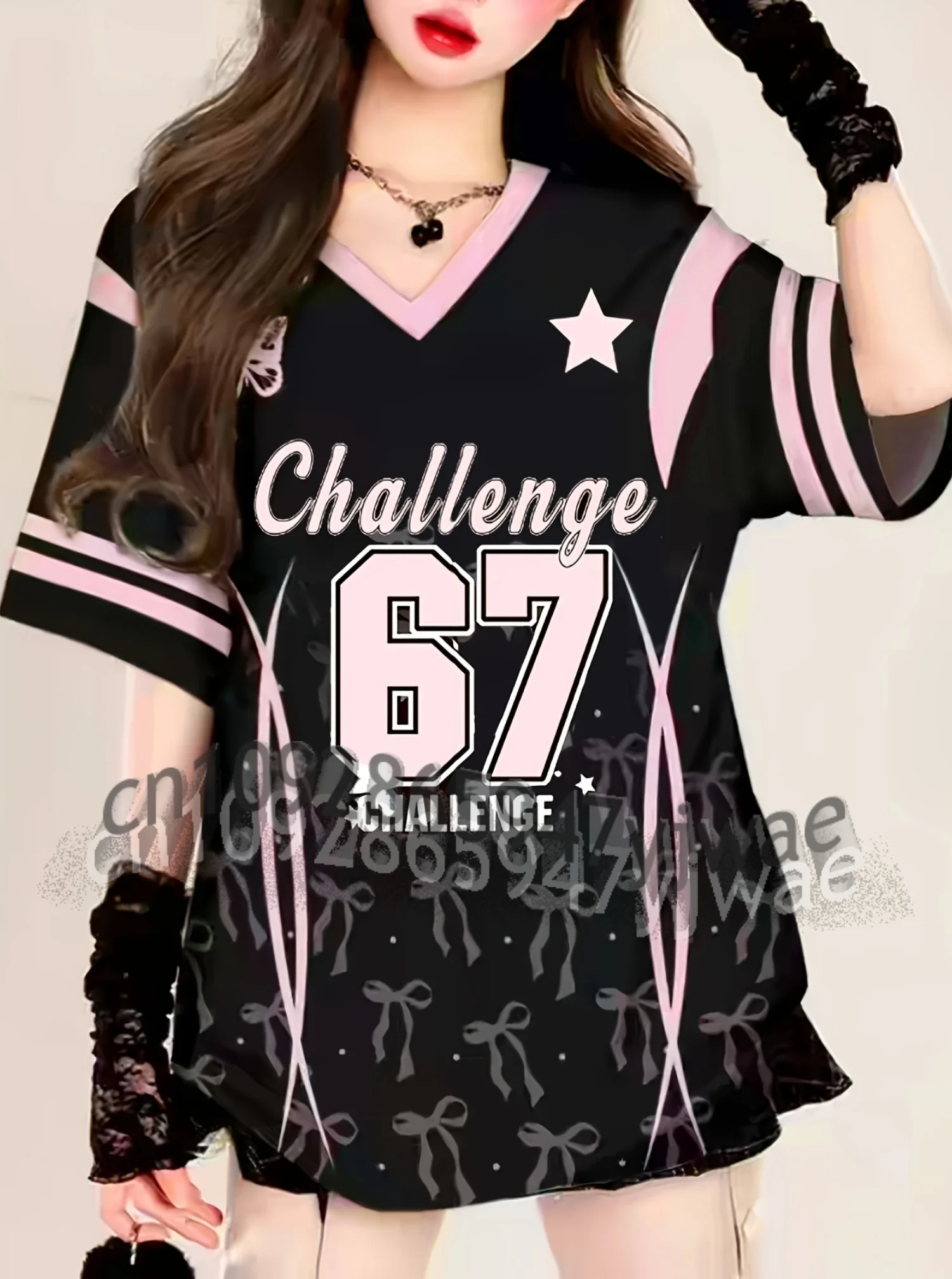 2026 Damen Mädchen Challenge 67 Sport-Team-Uniform Kurzarm T-Shirt Grafik-Tee Baseball-Trikots Gestreiftes Übergrößen-T-Shirt – Detail 4