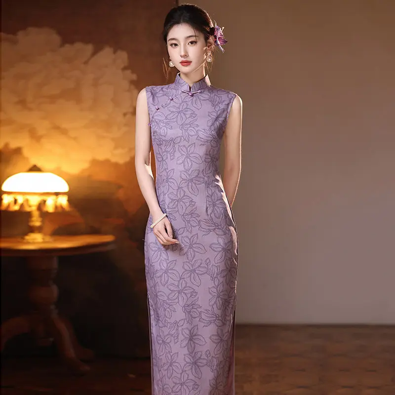 Sleeveless Purple New Chinese Style Long Cheongsam Improved Young Style 2026 New Female Spring Summer Qipao Dress