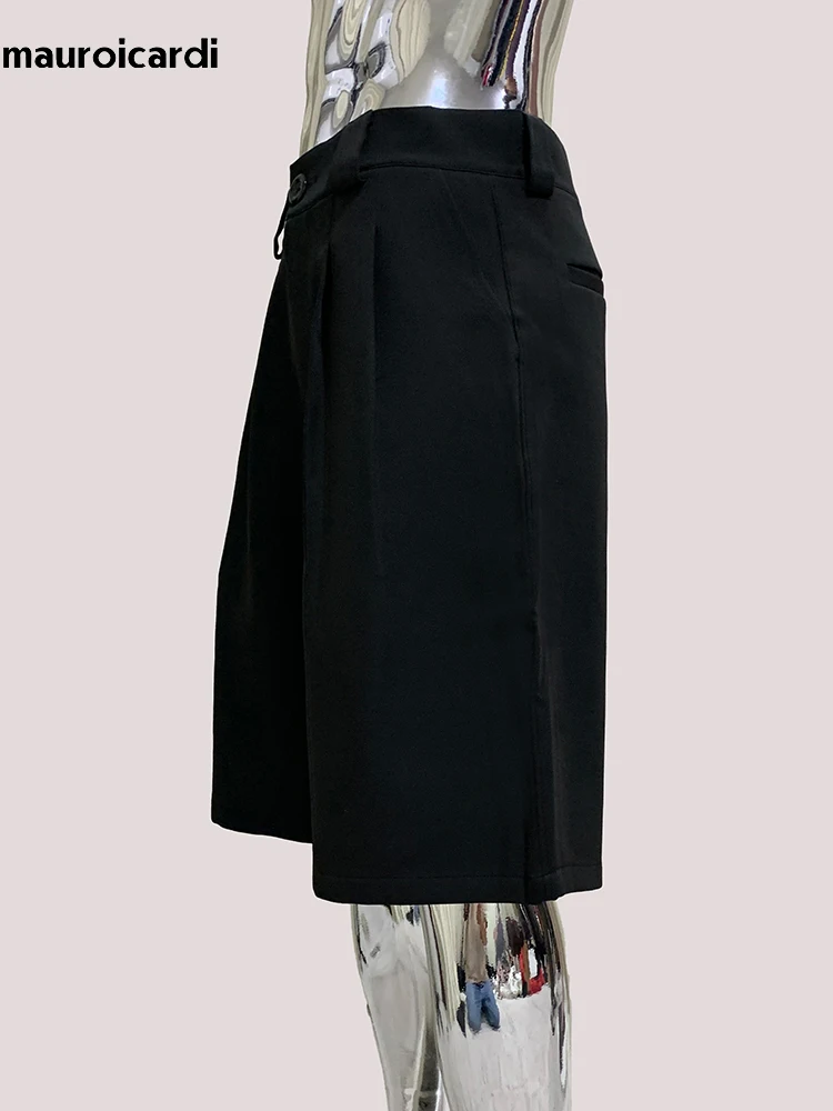 Mauroicardi Spring Summer Casual Soft Black Shorts for Men High Waist Knee Length Straight Pants Korean Fashion Clothes 2025