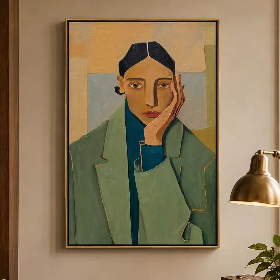 Jade Geometry – Cubist Figure Portrait Painting | Mid-Century Modern Vertical Art for Bedroom, Living Room, Office