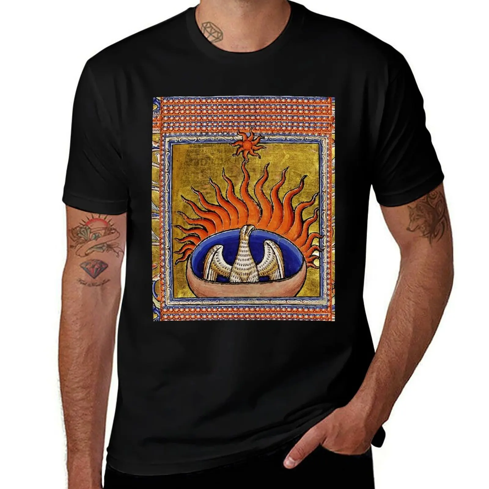 MEDIEVAL BESTIARY,PHOENIX IN RED FLAMES,TREE OF LIFE ,BIRDS,DRAGONS FANTASTIC ANIMALS IN GOLD RED BLUE COLORS T-Shirt