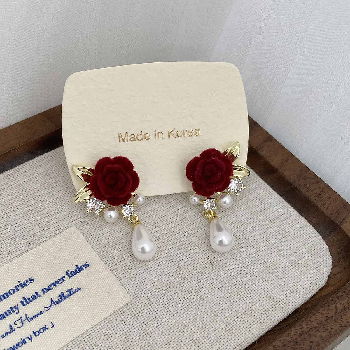 JUWANG Retro Autumn And Winter Burgundy Velvet Rose Drop Pearl Earring Temperament Versatile Advanced Earrings Christmas Party