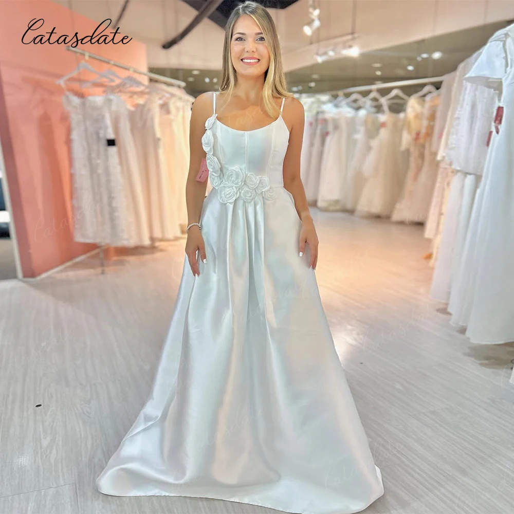 

Catasdate A Line Wedding Dress Elegant Satin Engagement Dress with Pockets Long Bridal Gowns vestidos de novia Customized