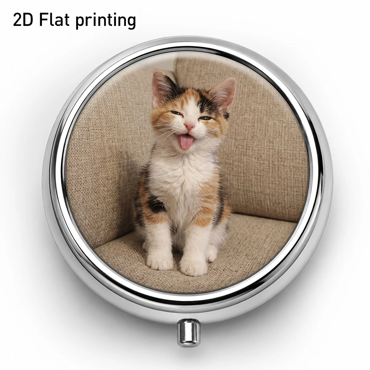 Playful Round Pill Box with a Pattern of a Cat Sticking Out Its Tongue, Portable Storage Box with Three Compartments, Portable Vitamin and Medicine Organizer, Compartmentalized Design for Easy Access, a Must-Have Personalized Item for Home and Outdoor Use, Compact and Elegant Design, Durable and Essential for Travel and Daily Life.