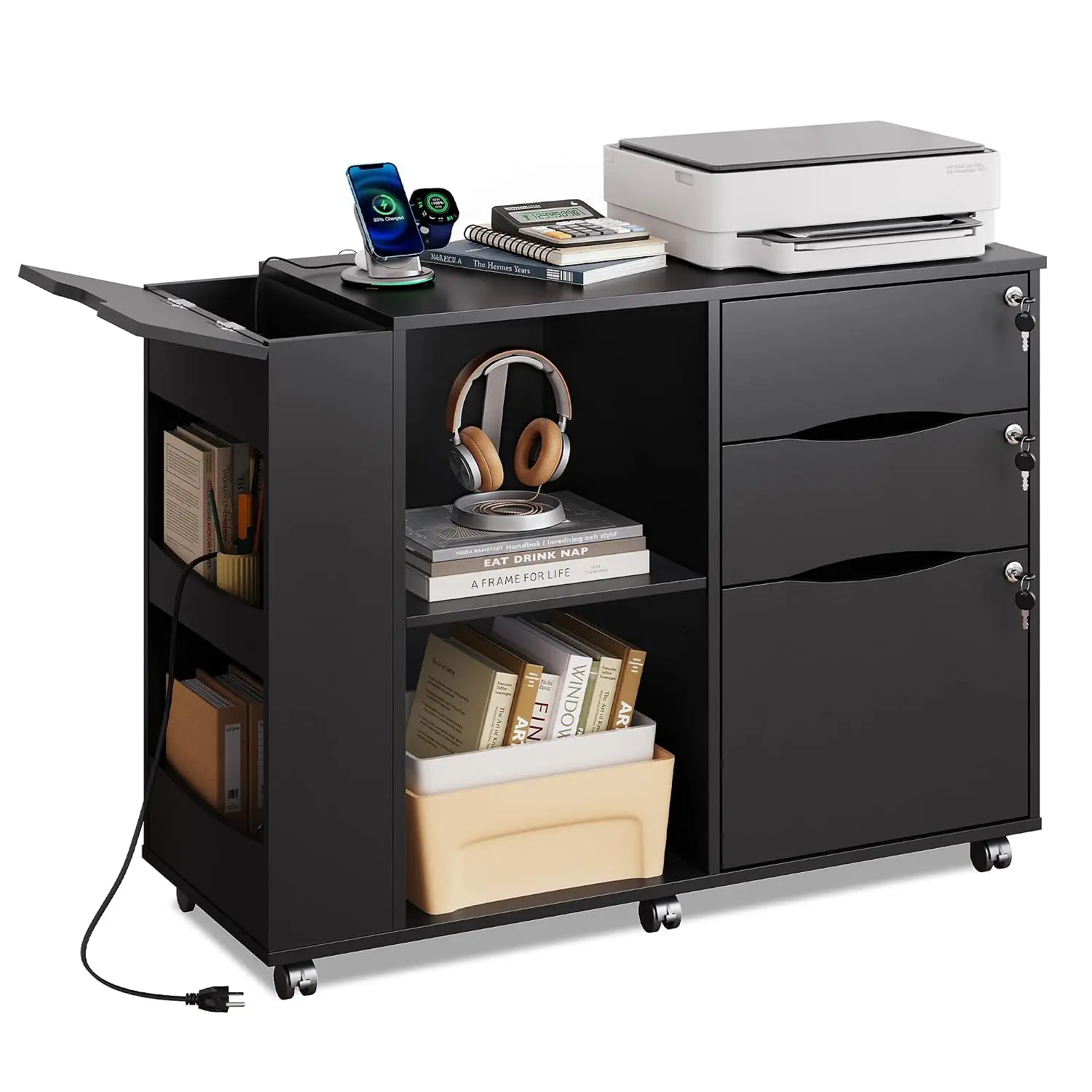 3-Drawer Rolling File Cabinet with Lock & Charging Station, Open Shelf for Letter & A4 Files, Printer Stand,  Customized