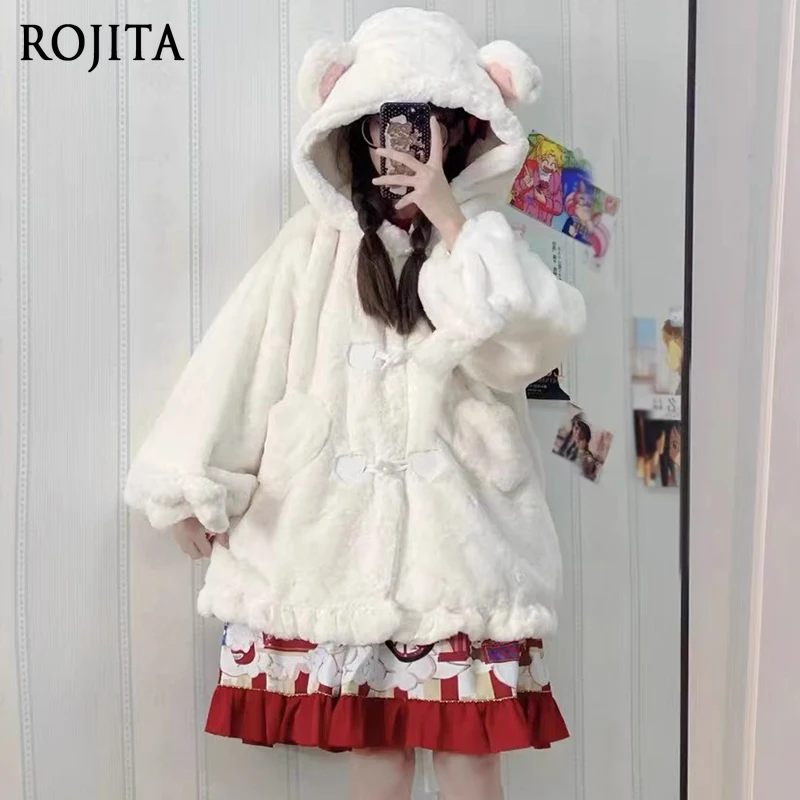 

Rabbit Ear Hooded Coat for Female Students Winter Lolita Coat with Fleece Lining Warm Mid-Length Plush Lolita Clothes