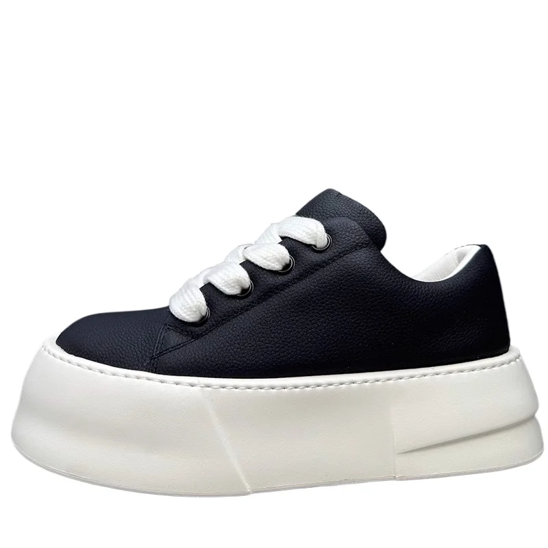 Genuine Leather White Wide Version Shoes Men's Korean Original Casual Board Shoes Thick Soled Height Increasing Bread Shoes Male
