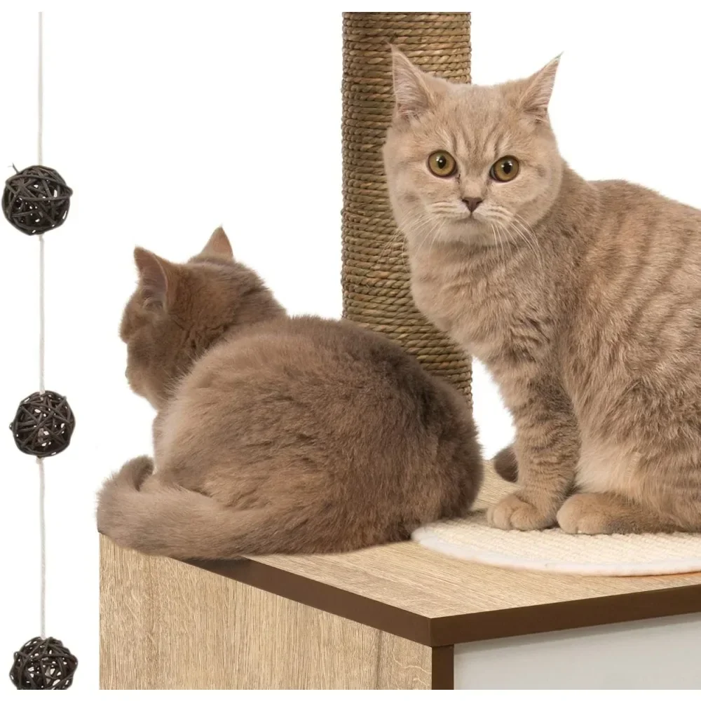 Cat Tree Tower, High Base, Oak, Large Multi-Level Cats Scratching Post for Indoor, with Condo, Toys, 2 Terraces, Cat Tree