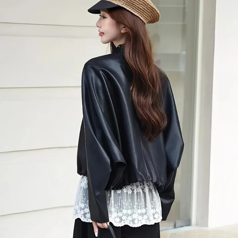 المرأة الكورية بولي Leather سترة جلدية وشاح حريري أنيق الخريف الشتاء معطف الشارع عادية Batwing كم س الرقبة أبلى Harajuku Y2K #6