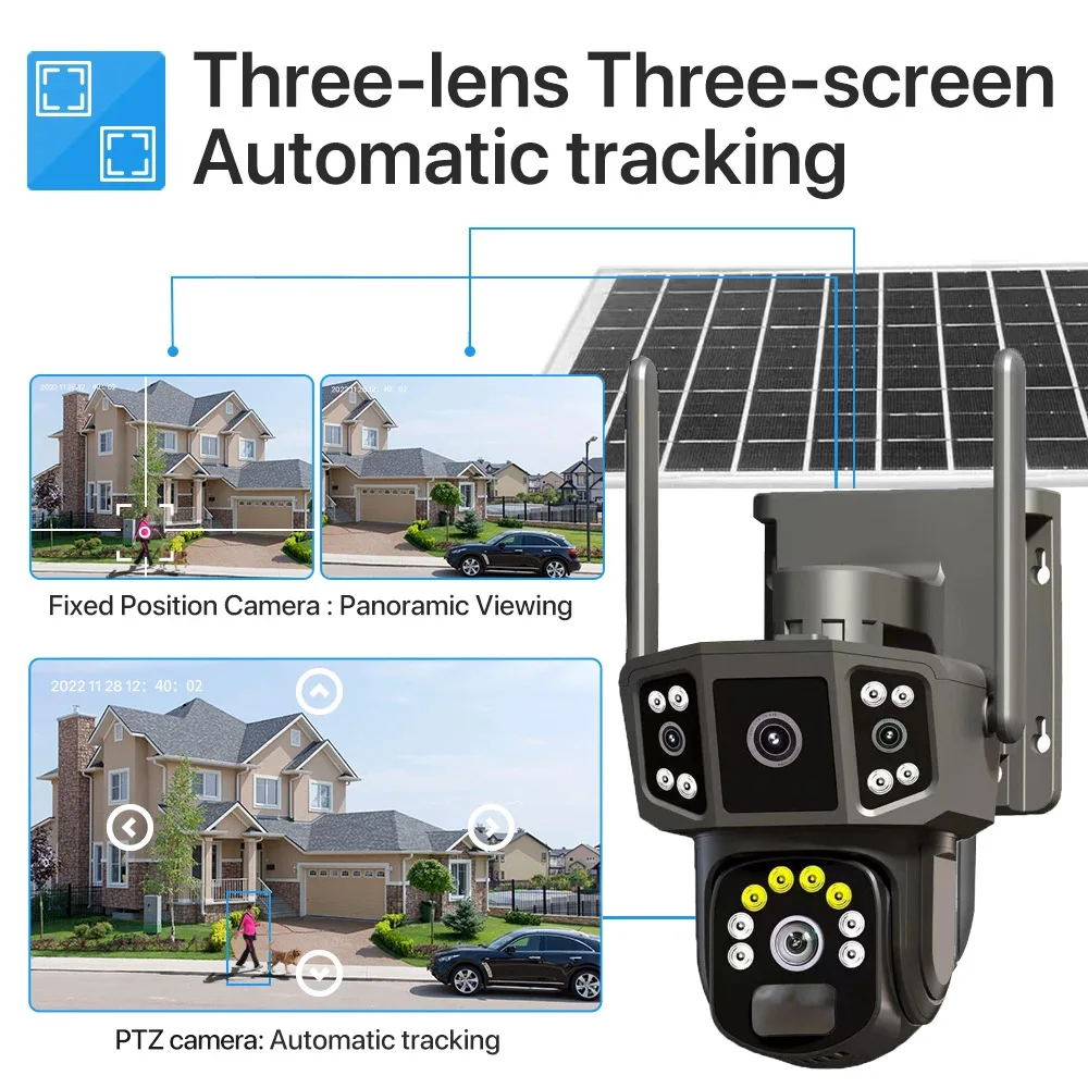 6MP V380Pro APP Triple Lens Solar Power WIFI IP Dome Camera Full Color AI Humanoid Detection Home Security CCTV Baby Monitor