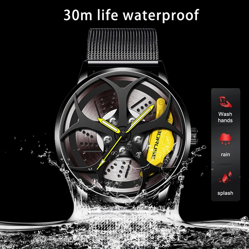 BORUSE Luxury Fashion Mens Car Wheel Watches for Men Mesh Belt Waterproof Quartz Watch Luminous Clock relogio masculino