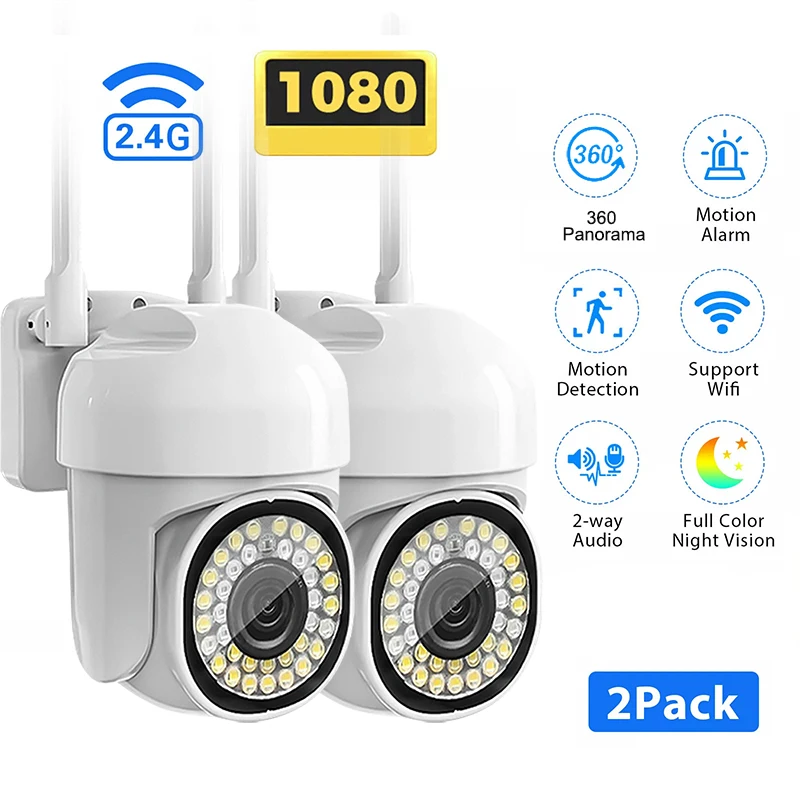 

2 шт. Wi-Fi камеры 1080P с полноцветным ночным видением, обнаружением человека, двусторонней аудиосвязью, беспроводные, для домашнего видеонаблюдения, простая установка