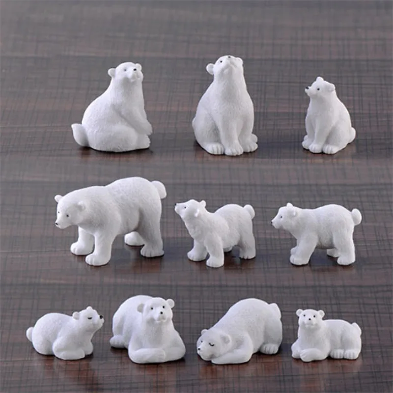 10Pcs Cartoon Polar Bear 3D Resin Figurines Miniature Terrarium Micro Landscape Desktop Ornament for Home Garden Decorations