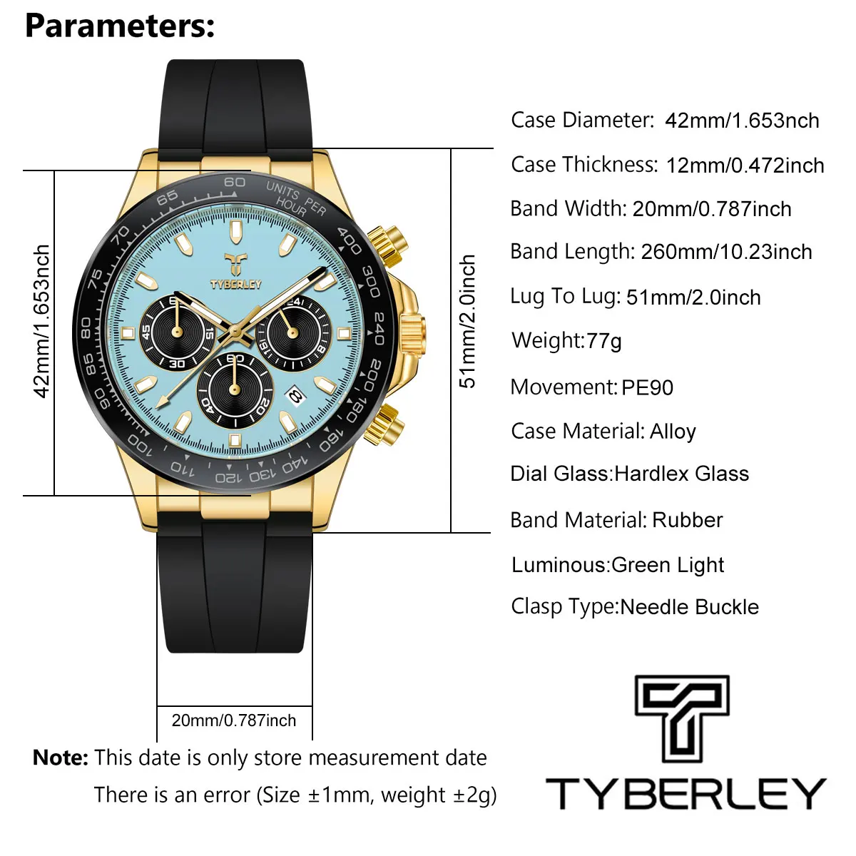 TYBERLEY Sophisticated Elegance Men's Quartz Watch Status Symbol Hardlex Rubber Strap Calendar Diving Luminous Tachymeter Clock view 6
