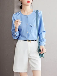 French Blue Denim Shirt Women 2024 Autumn New Loose Design Sense Niche Round Neck Shirt Casual Versatile Fashion Tops