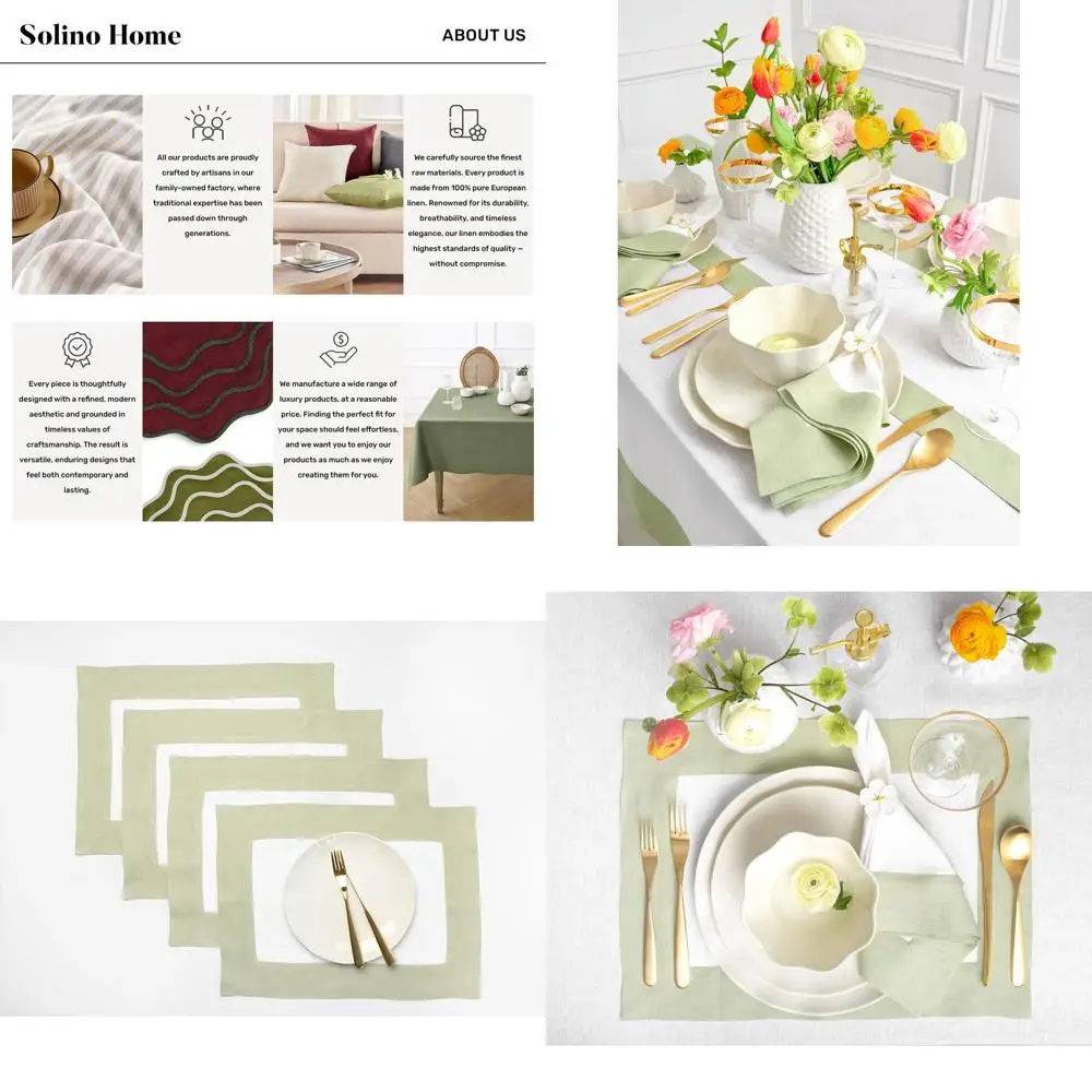 

Set of 4 Linen Placemats - 14x19 Sage & White for Festive Seasons - Pure Linen, Handmade, Machine Washable