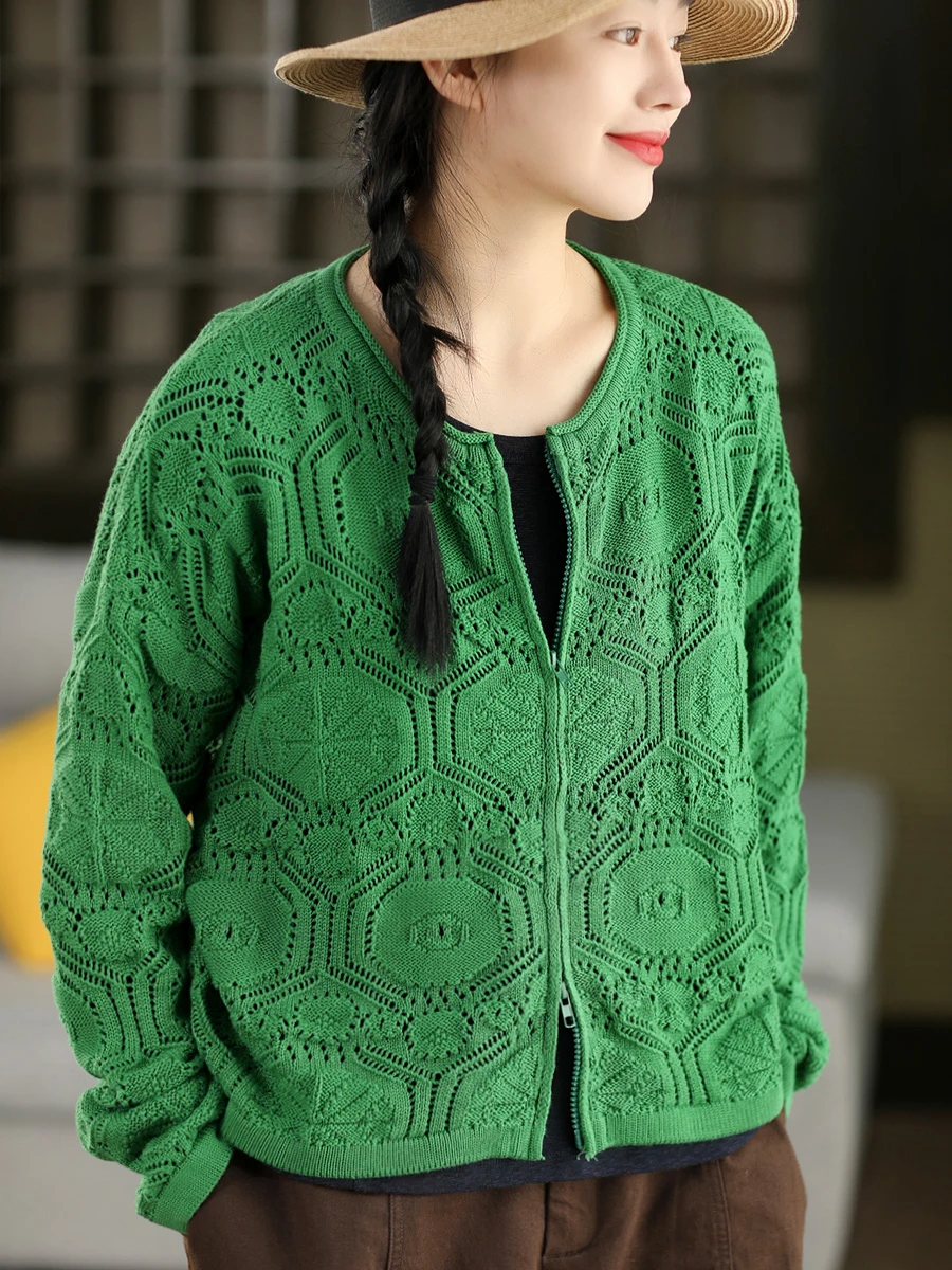 

Women's ort Knitted Jaet Hollow out Hook Design Cotton 00% Spring Outerwear Long Sve Zipper Closure Faionable Cardigan