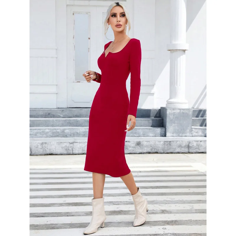 YQ1-Square Neck Long Sleeve Back Slit Hem Elegant Bodycon Long Sleeve Dress