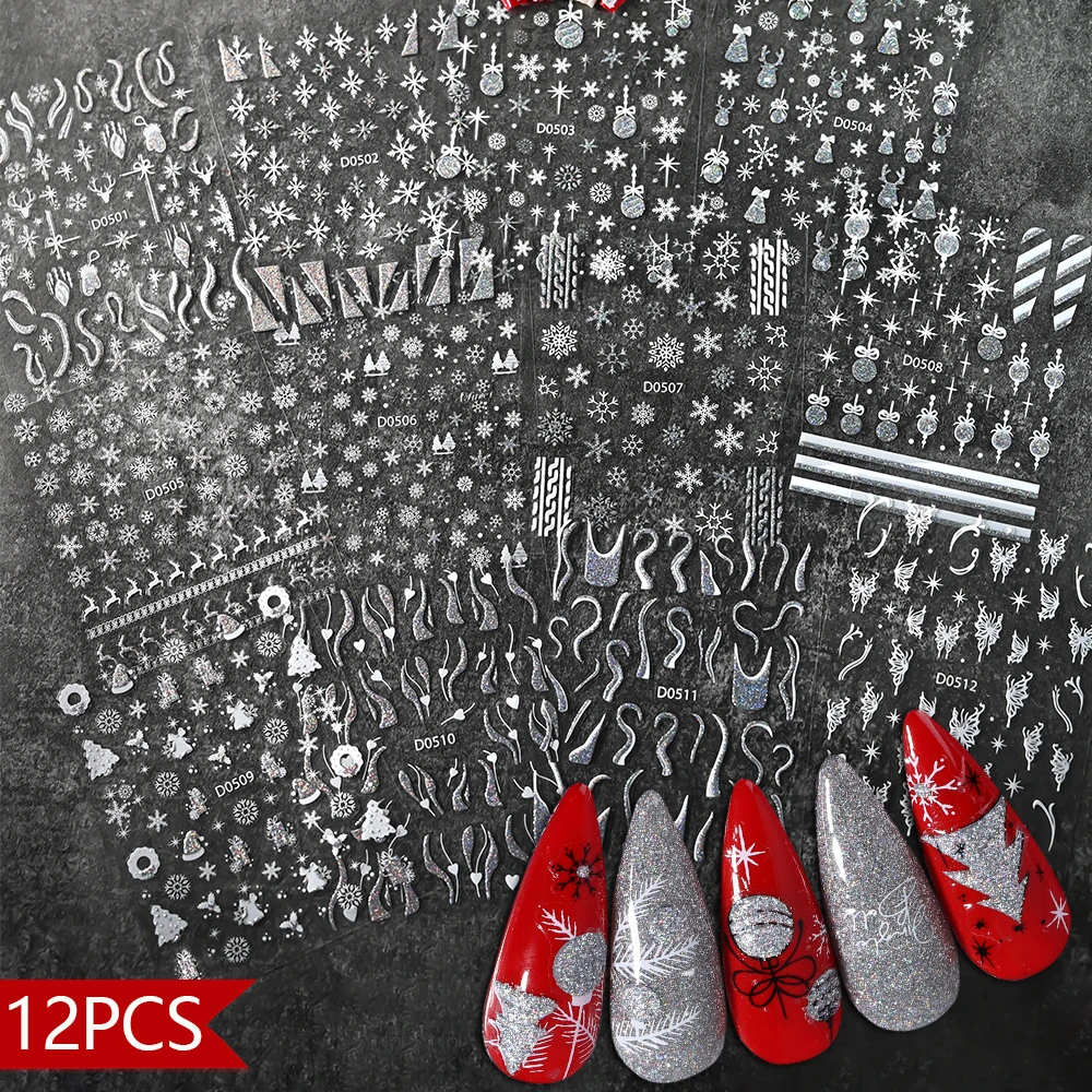 12 pz 2024 inverno natale Nail Art adesivi decalcomania 10*8cm 3D lucido Glitter fiocco di neve Elk cappello Xmas adesivo Manicure Slider Y2K