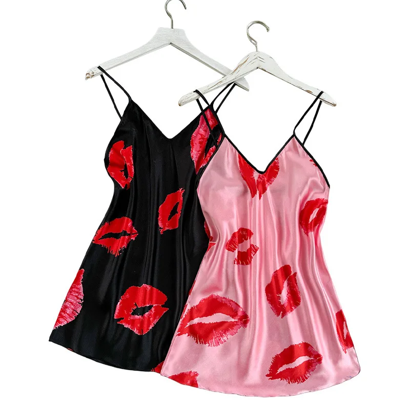 2PCS Summer Sexy Backness Women Sling Heart Shape V-Neck Suspender Skirt Shourt Breathable Slik Women Nightgown for Home Wear