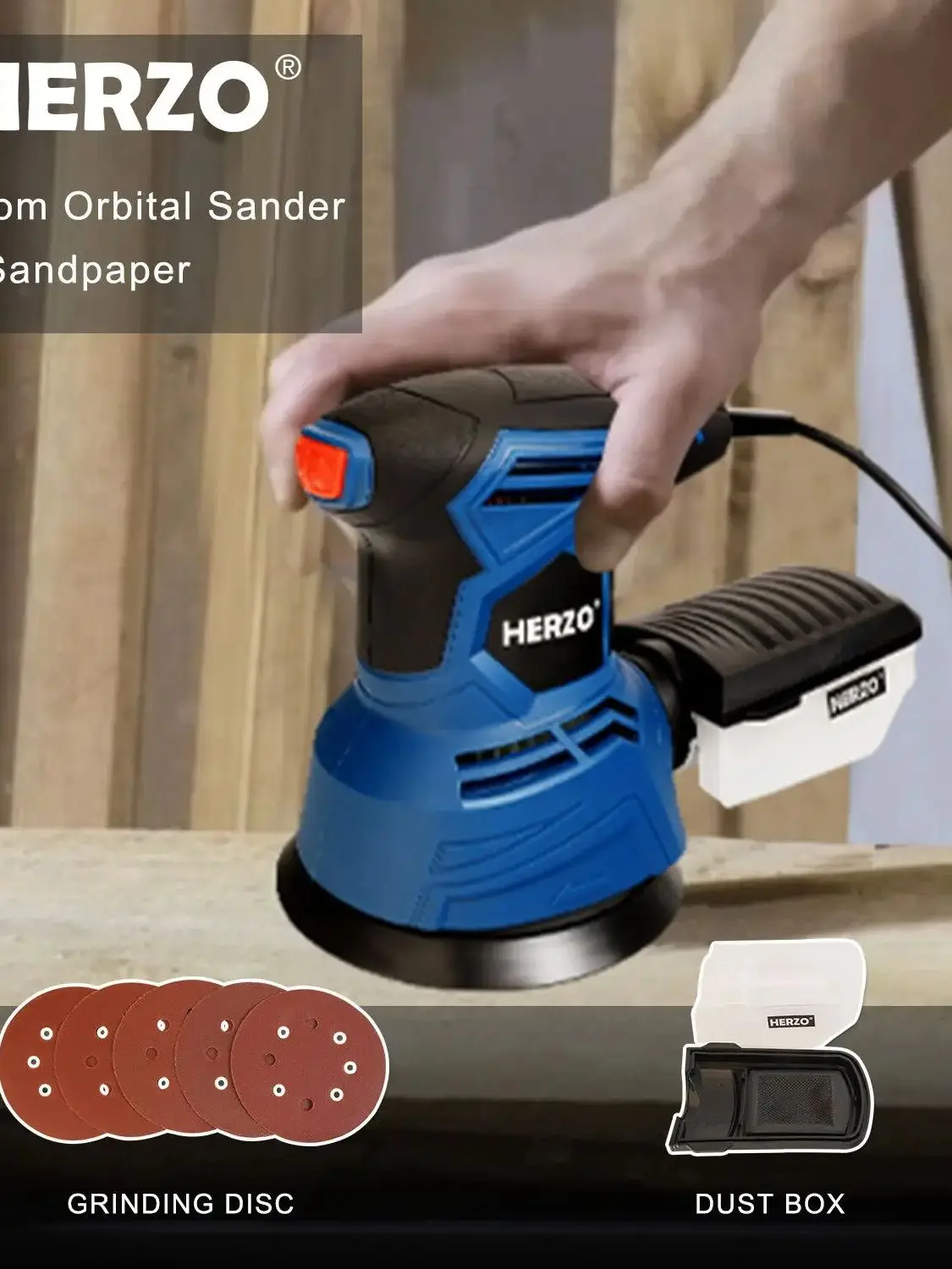 HERZO 125MM Electric Rotary Orbit Sander Machine 350W Portable For Polishing Sanding Wood
