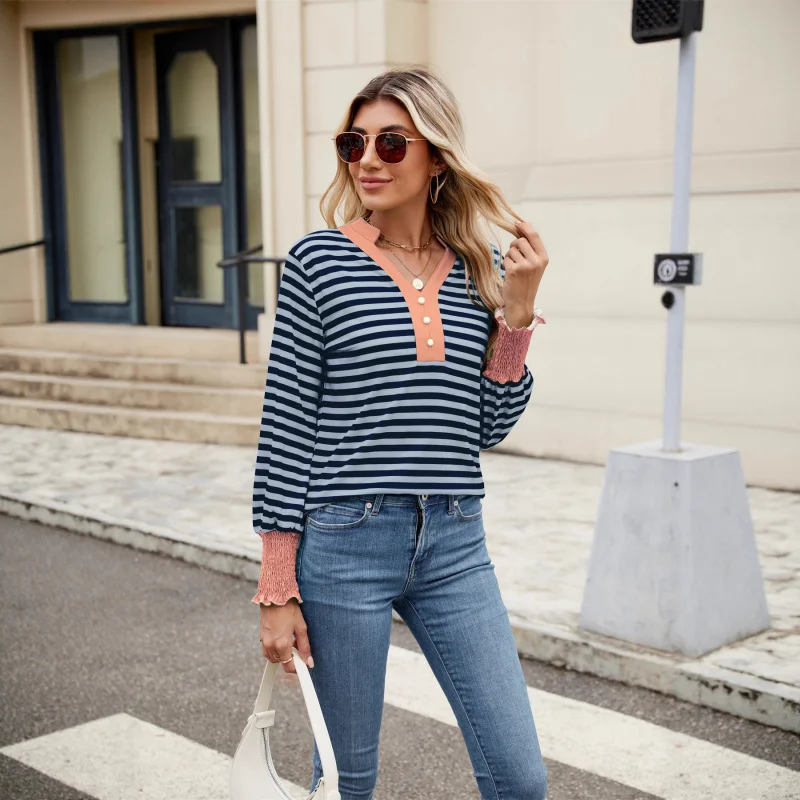 

New European and American 2025 Autumn Winter New Knitted Sweater Long Sleeve Fashion Striped T-shirt V-neck Top