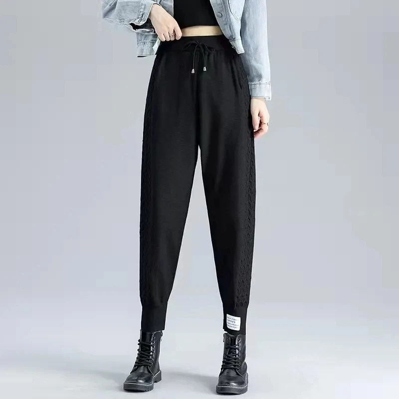 Gray Knitted Trousers Female's Spring Summer High Waist Loose Smoke Pipe Nine-Minute Bundle Feet Grandma Pants Woman Clothing