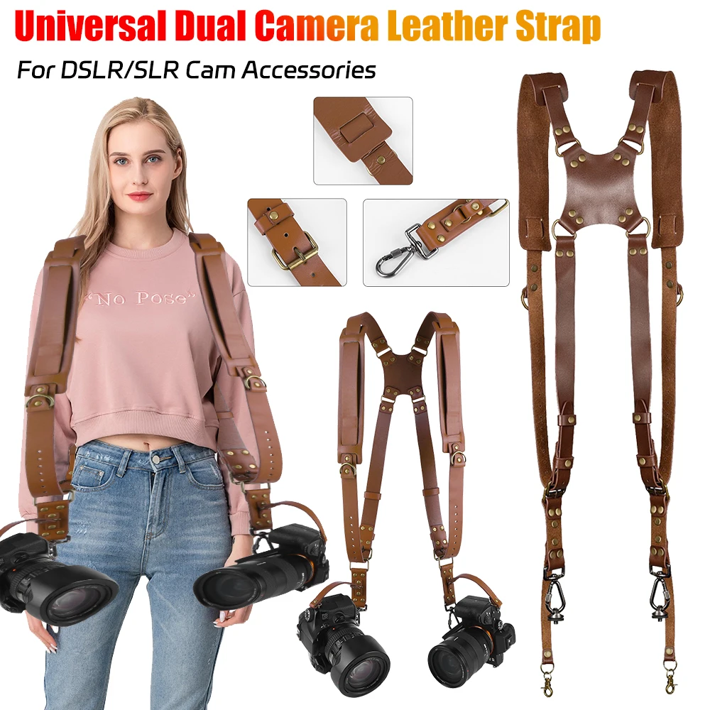 Universal Dual Camera Leather Strap Double Cameras Washable Harness Adjustable Carry Shoulder Straps For DSLR/SLR Cam Accessorie
