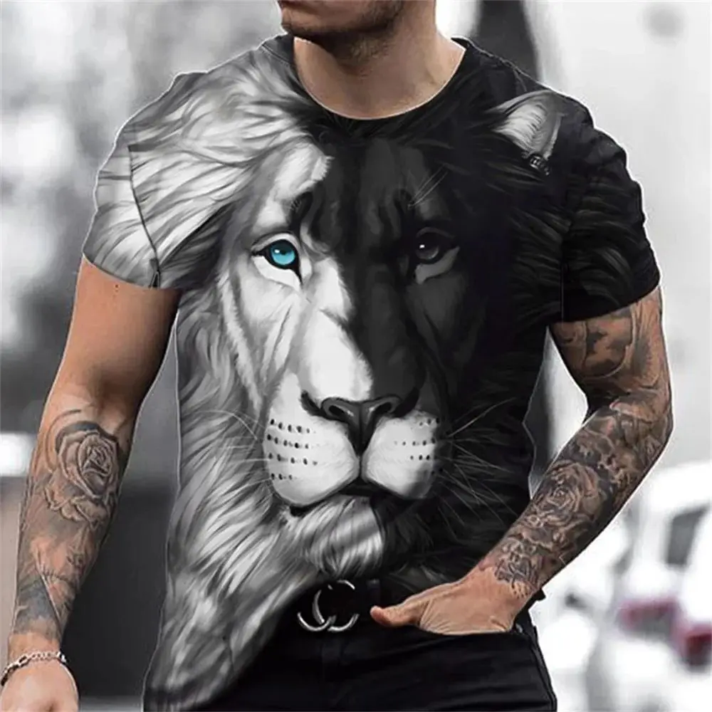 2024 Lion Print T-shirt 3D Animal Men\'s Shirt Summer Short sleeved men\'s casual pullover Oversized Top T-shirt Men\'s S-6XL