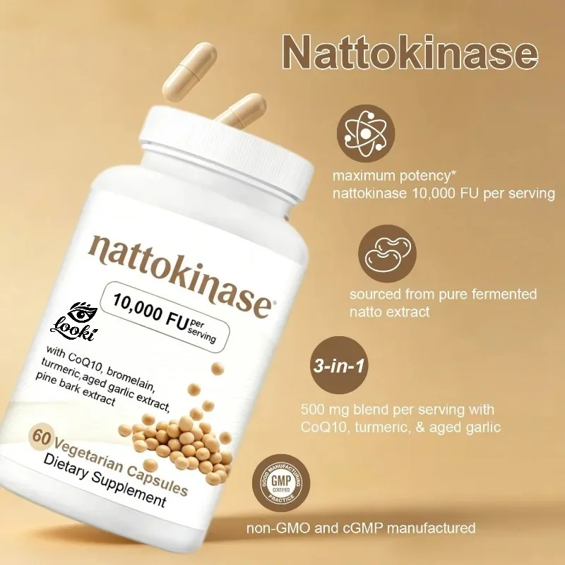 Nattokinase Contains 10000FU Per Serving and 500mg of A Mixture of Coenzyme Q10, Turmeric, and Aged Garlic -60 Capsules