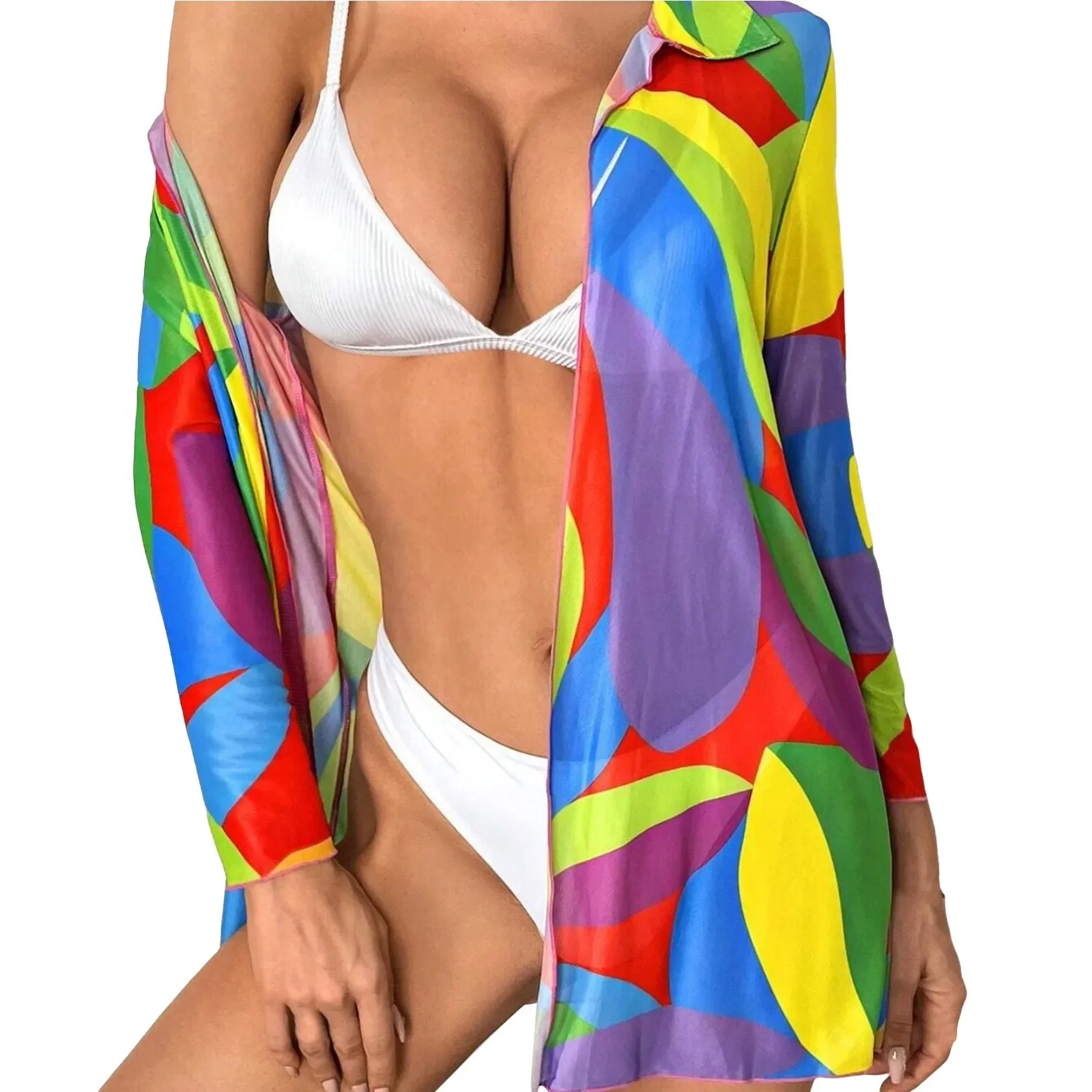 패션 대비 색상 카디건 커버 v 넥 Tulle Chiffon 긴 소매 느슨한 사롱 여성 수영복 수영복