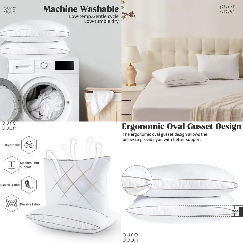 

Queen Size 100% Cotton Gusseted Down Pillows with Leaf Quilting, Set of 2