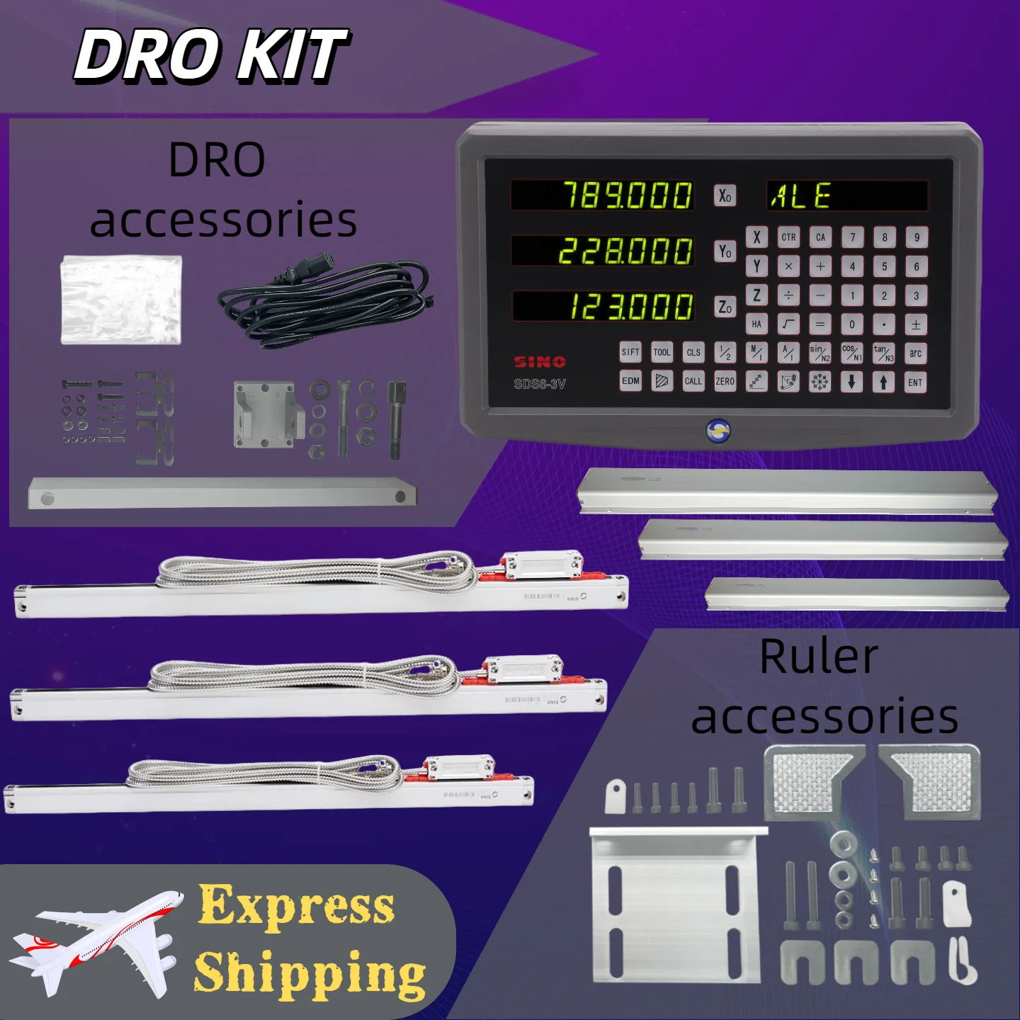 NEW 3 Axis DRO Digital Readout Kit with 3pcs 1um or 5um DRO Linear Scale Grating Glass Ruler for Milling Lathe Tool SDS6-3V 2V