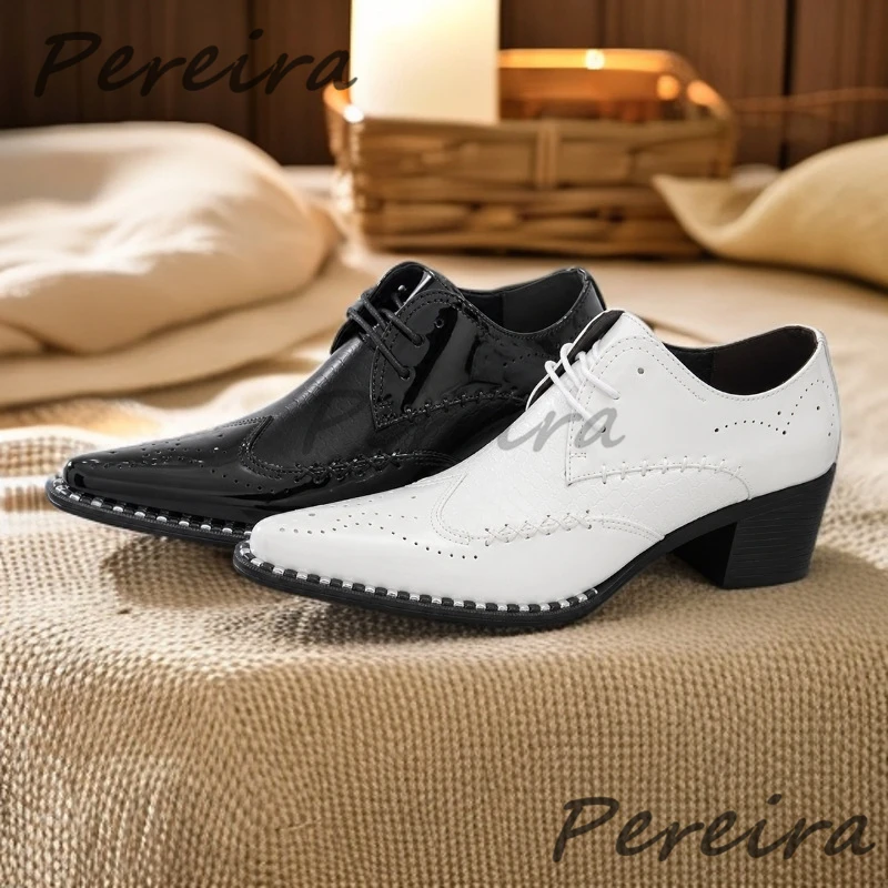 Black White Patent Leather High Heel Loafers Men's Wedding Dress Shoes Trendy Rivet Pointey Toe Lace-Up Derby Shoes Large Size